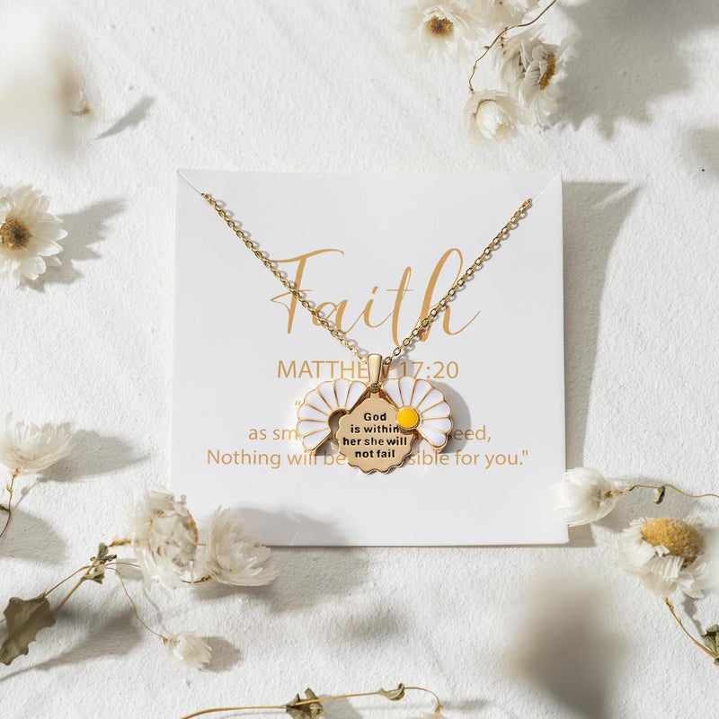 PANTIDE Christian Daisy Locket Necklace for Women - God Is Within Her She Will Not Fail Engraved Faith Religious Necklace Inspirational Stainless Steel Necklace Jewelry Birthday Gift - Image 3